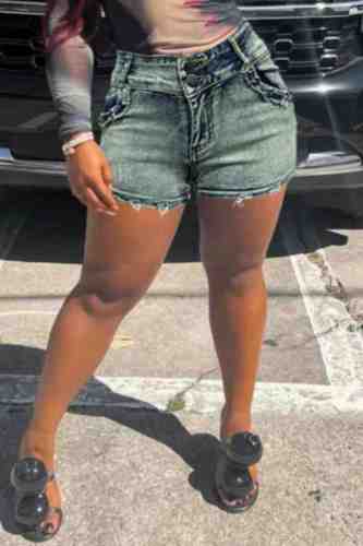 Casual Solid Patchwork High Waist Skinny Denim Shorts