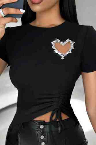 Casual Patchwork Heart Shaped Hollowed Out Rhinestone O Neck T-Shirts