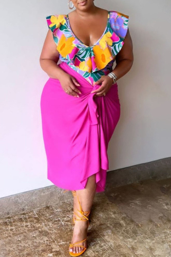 Casual Print Patchwork V Neck Plus Size Two Pieces