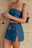 Denim Sexy Casual Solid Tube Crop Tops Slit Mini Skirts Two Piece Sets