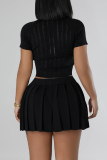 Black Short Sleeve Button-Down Cut-Out Crop Top and Pleated Mini Akirt Casual Outings Knit Two Piece Dress Set