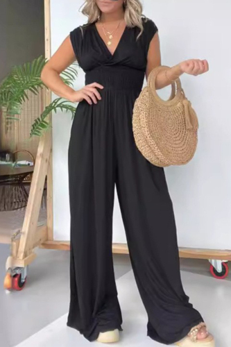 Casual Solid Fold V Neck Loose Jumpsuits