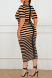 Casual Striped Print Basic O Neck Short Sleeve Plus Size Dresses