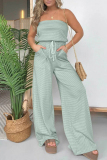 Casual Striped Draw String Pocket Strapless Regular Jumpsuits