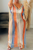 Crochet Colorblock RippedDeep V Neck Hollow Out Ripped Fringed Vacation Beach Swimwears Cover Up