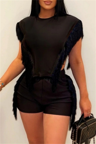 Casual Solid Tassel Patchwork O Neck Short Sleeve Two Pieces