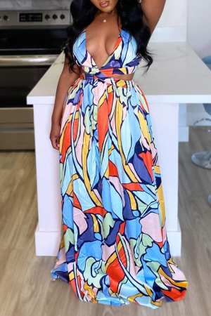Sexy Casual Street Daily Elegant Vacation Mixed Printing Printing Contrast V Neck Dresses