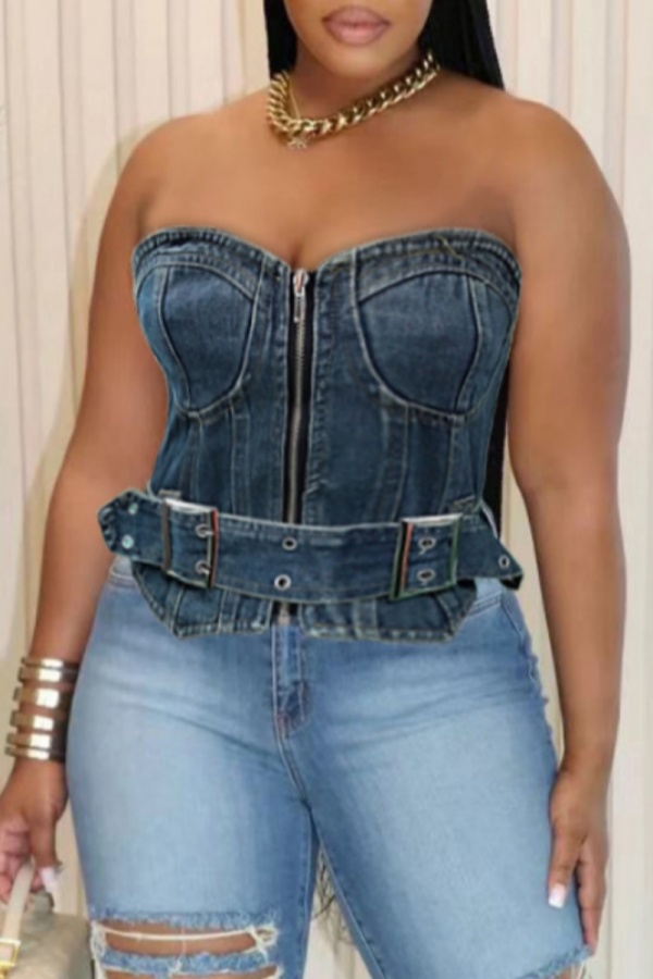 Sexy Casual Solid Patchwork Backless Strapless Sleeveless Skinny Denim