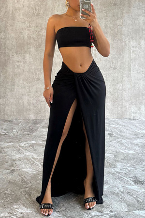 Sexy Casual Street Daily Elegant Simplicity Slit Solid Color Strapless Sleeveless Two Pieces
