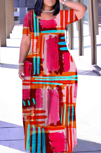 Casual Print Basic O Neck Long Plus Size Dresses