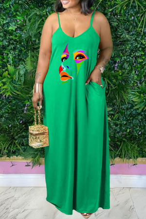 Green Sexy Casual Print Backless Spaghetti Strap Long Dress Plus Size Dresses