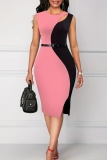 Casual Patchwork Hollowed Out With Belt Contrast O Neck Sleeveless Dresses