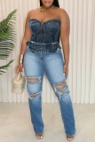 Sexy Casual Solid Patchwork Backless Strapless Sleeveless Skinny Denim