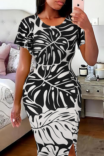 Elegant Print Patchwork Slit O Neck Long Dresses