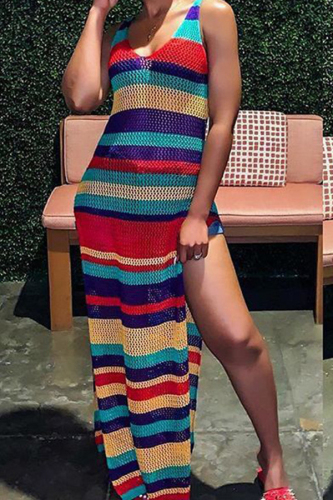 Rainbow Color Fishnet Knit Striped Sexy V Neck Long Maxi Split Cover Ups Dresses