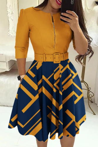 Casual Print Patchwork With Belt O Neck A Line Plus Size Dresses