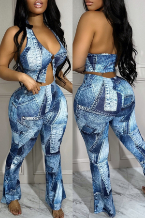 Sexy Casual Print Backless Halter Sleeveless Two Pieces