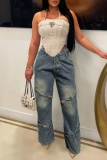 Casual Patchwork Hollowed Out High Waist Straight Denim Jeans