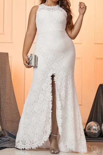 Casual Solid Patchwork Slit O Neck Long Plus Size Dresses