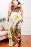 Floral Print Deep V Neck Sleeveless Cinch Waist Daily Slim Fit Vacation Maxi Dress