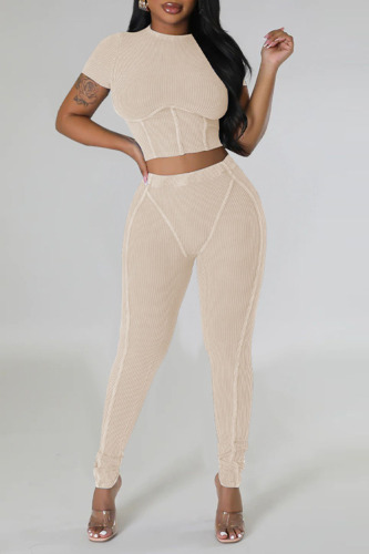 Light Apricot Sportswear Solid Patchwork O Neck Short Sleeve Two Pieces