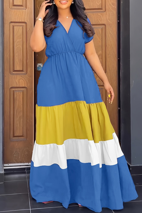 Sweet Color Block Patchwork V Neck Princess Plus Size Dresses