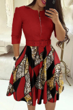 Casual Print Patchwork With Belt O Neck A Line Plus Size Dresses