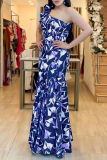 Casual Print Patchwork Backless Oblique Collar Long Dresses