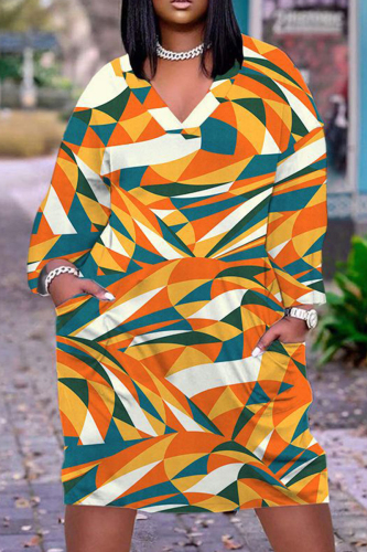 Casual Print Patchwork V Neck Long Sleeve Dresses