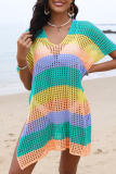 Casual Patchwork Hollowed Out See-through Slit Contrast Swimwears Cover Up