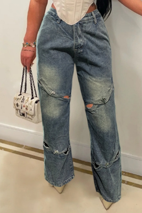 Casual Patchwork Hollowed Out High Waist Straight Denim Jeans
