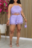 Sexy Casual Solid Tassel Hollowed Out See-through Backless Halter Sleeveless Two Pieces