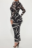 Casual Print See-through O Neck Long Sleeve Two Pieces