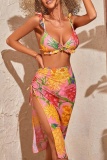 Sexy Print Solid Draw String Frenulum Backless Swimsuit Three Piece Set (With Paddings)
