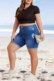 Casual Solid Ripped Patchwork Skinny High Waist Conventional Solid Color Plus Size Denim Shorts