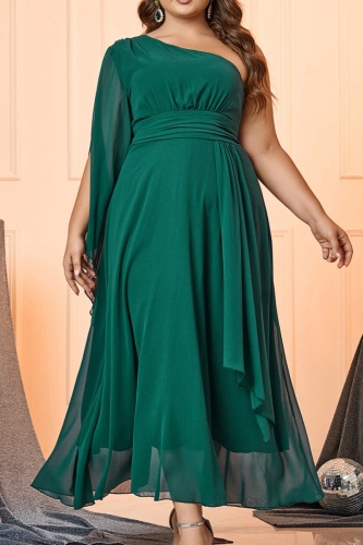 Casual Solid Patchwork Backless Oblique Collar Long Plus Size Dresses