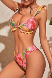 Sexy Print Solid Draw String Frenulum Backless Swimsuit Three Piece Set (With Paddings)