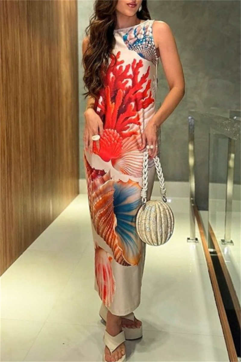 Fashion Street Print Slit O Neck Irregular Dress Dresses