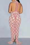 Elegant Sequins Patchwork See-through Backless Slit Zipper O Neck Long Dresses