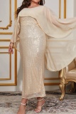Elegant Formal Solid Sequins Patchwork O Neck Long Plus Size Dresses