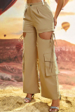 Casual Solid Hollowed Out Frenulum Regular High Waist Wide Leg Solid Color Trousers