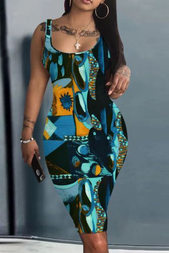 Casual Print Basic U Neck Vest Dresses