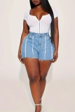 Casual Solid Patchwork Skinny Mid Waist Conventional Solid Color Plus Size Denim Shorts