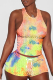 Casual Tie Dye Patchwork Draw String O Neck Sleeveless Two Pieces