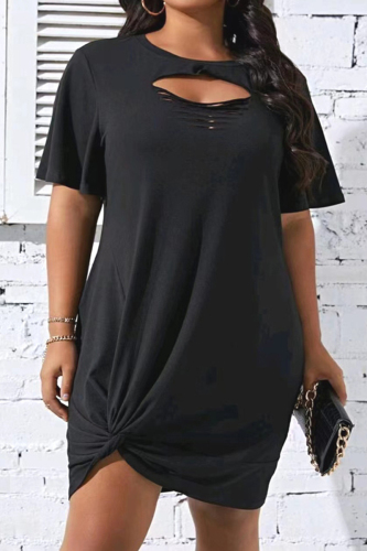 Casual Solid Hollowed Out O Neck Short Sleeve Short Sleeve Dress