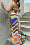 Street Color Block Bandage Hollowed Out Patchwork High Opening Spaghetti Strap Long Dresses