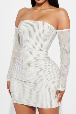 Sexy Patchwork Hot Drilling Backless Off the Shoulder Long Sleeve Dresses