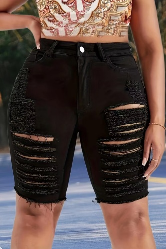 Casual Solid Ripped Skinny High Waist Conventional Solid Color Plus Size Denim Shorts