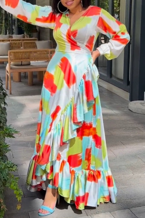 Casual Street Daily Elegant Mixed Printing Printing Contrast V Neck Dresses