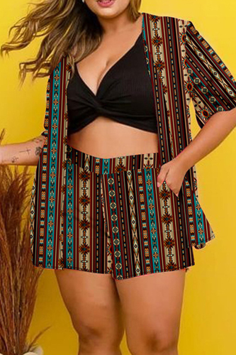 Casual Print Patchwork Cardigan Collar Plus Size Two Pieces